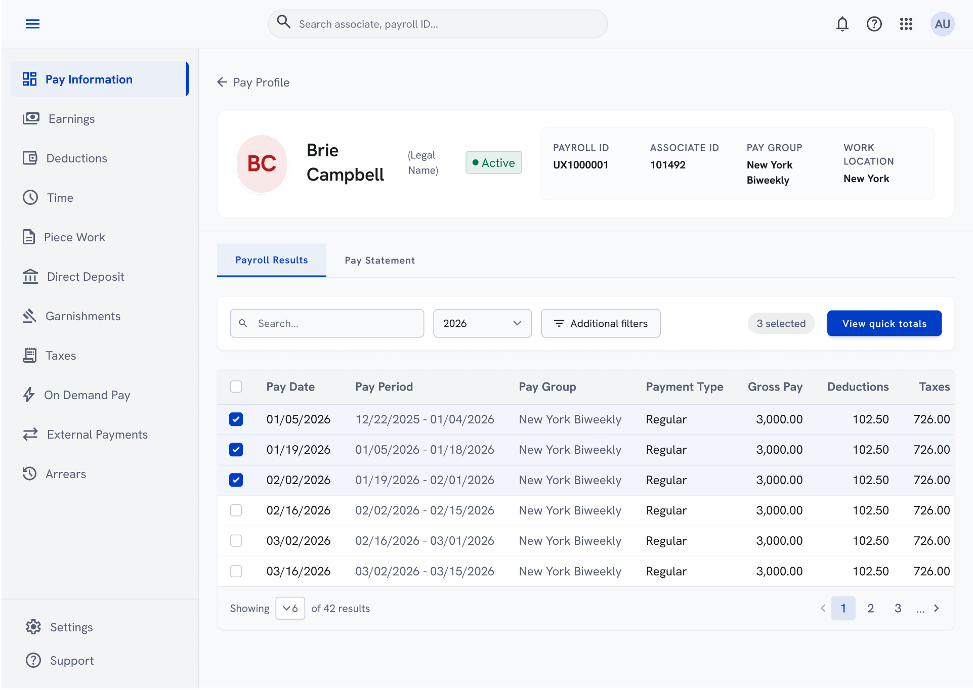 Payroll Results screen