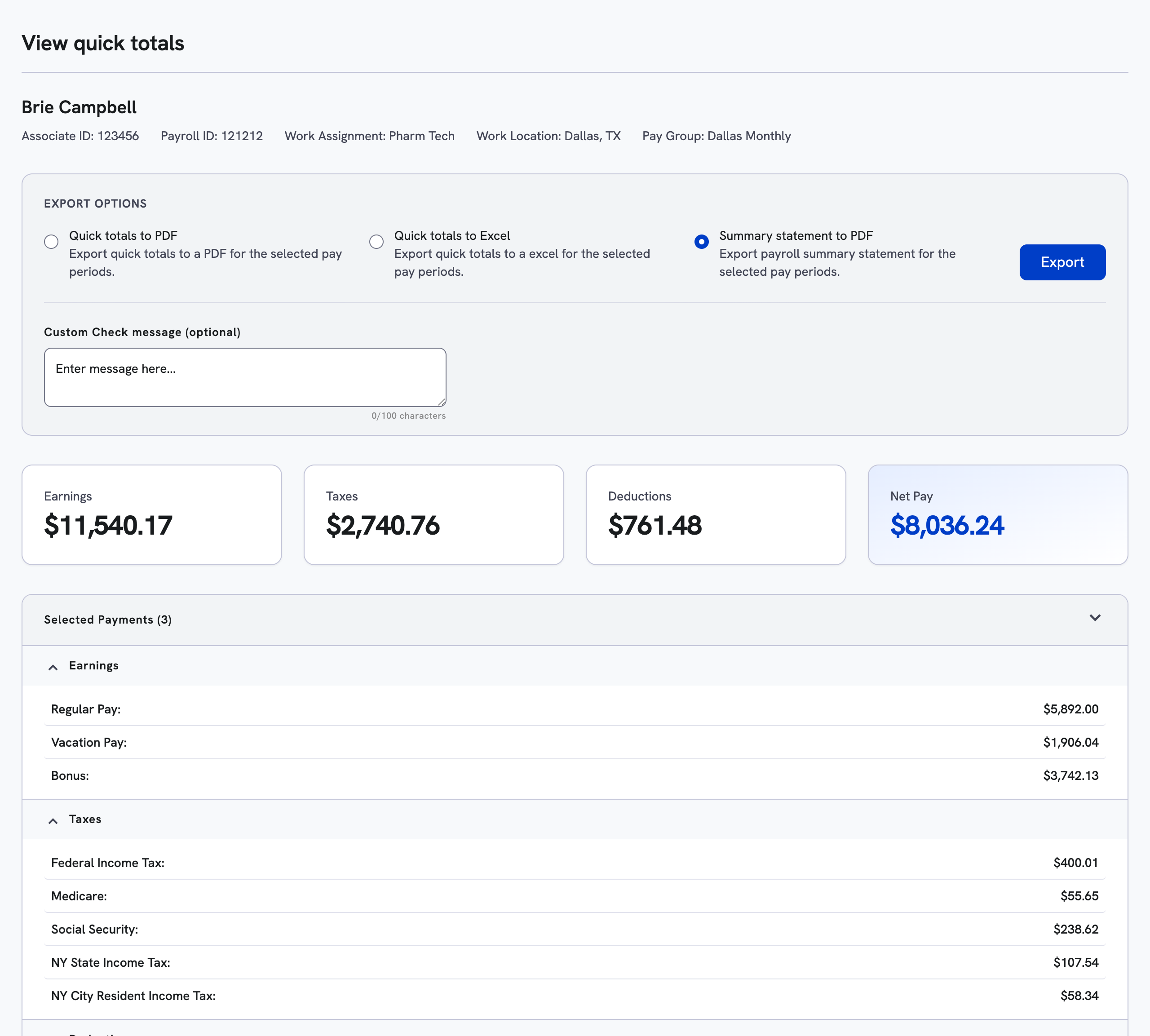 Quick total modal : Export Summary Statement