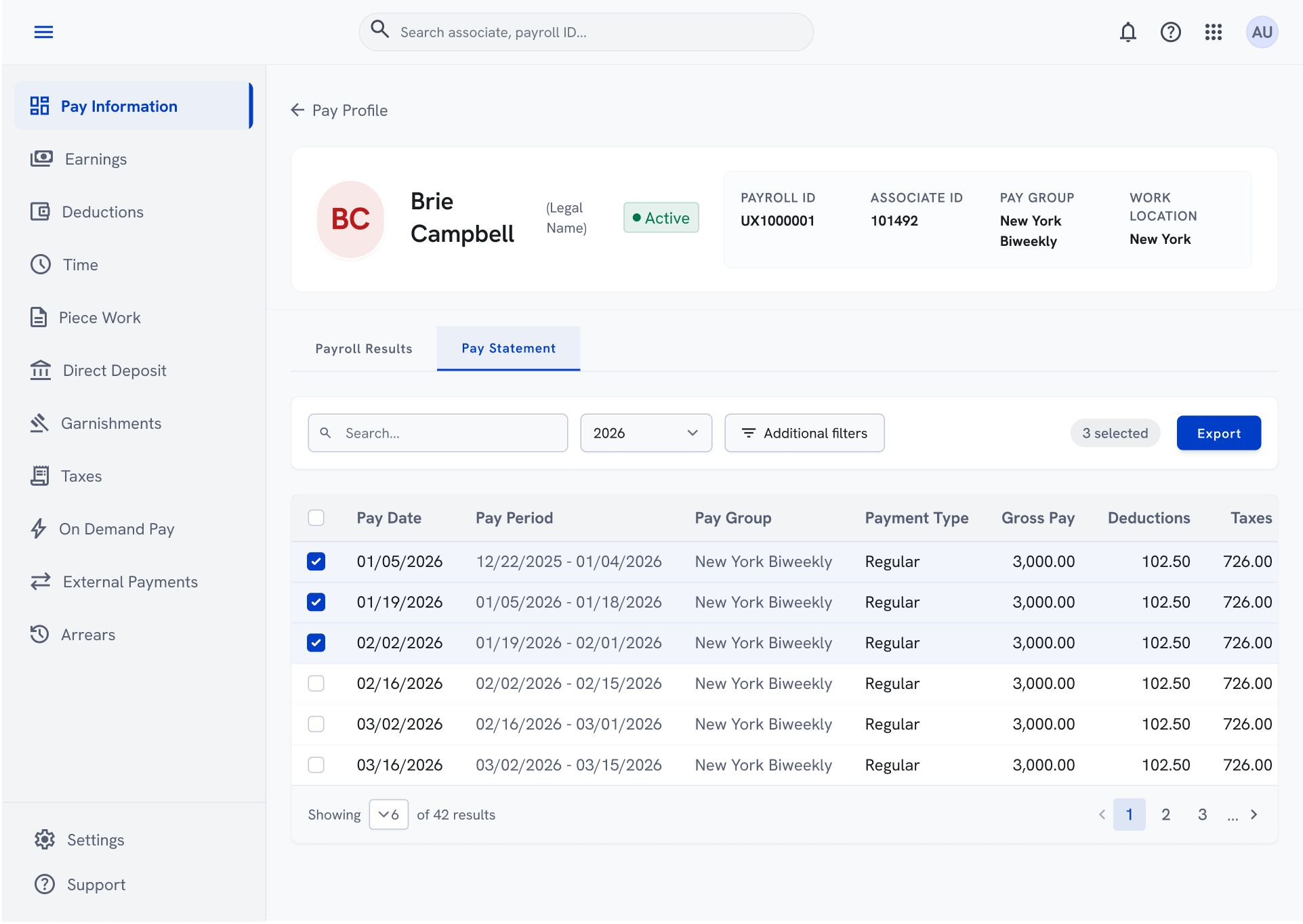 Quick total modal : Export Pay Statement