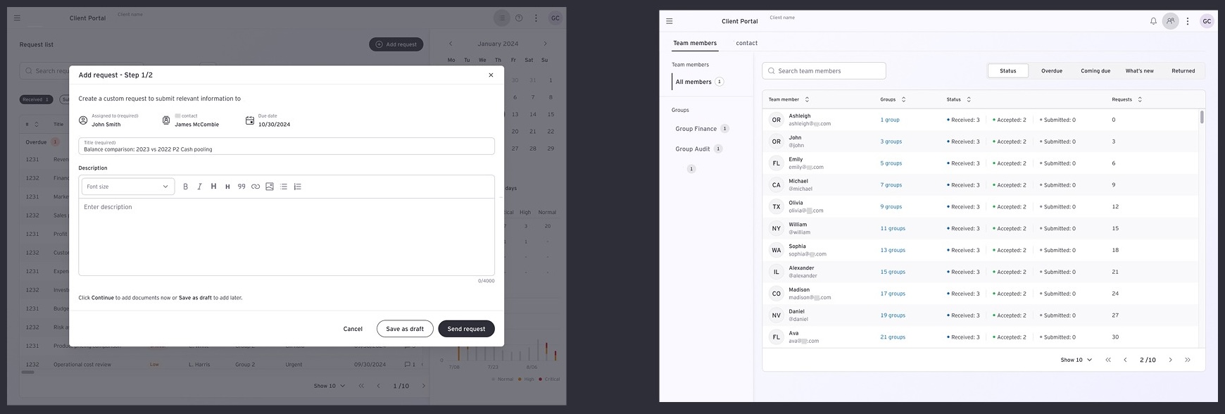 Request creation & Team members page